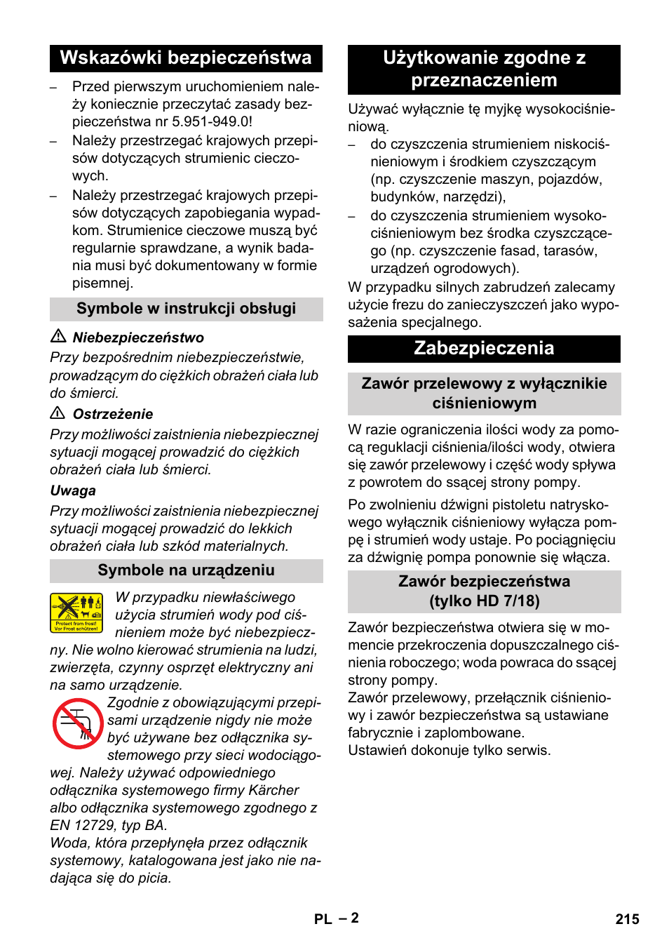 Wskazówki bezpieczeństwa, Użytkowanie zgodne z przeznaczeniem zabezpieczenia | Karcher HD 6-12-4 CX Plus User Manual | Page 215 / 364