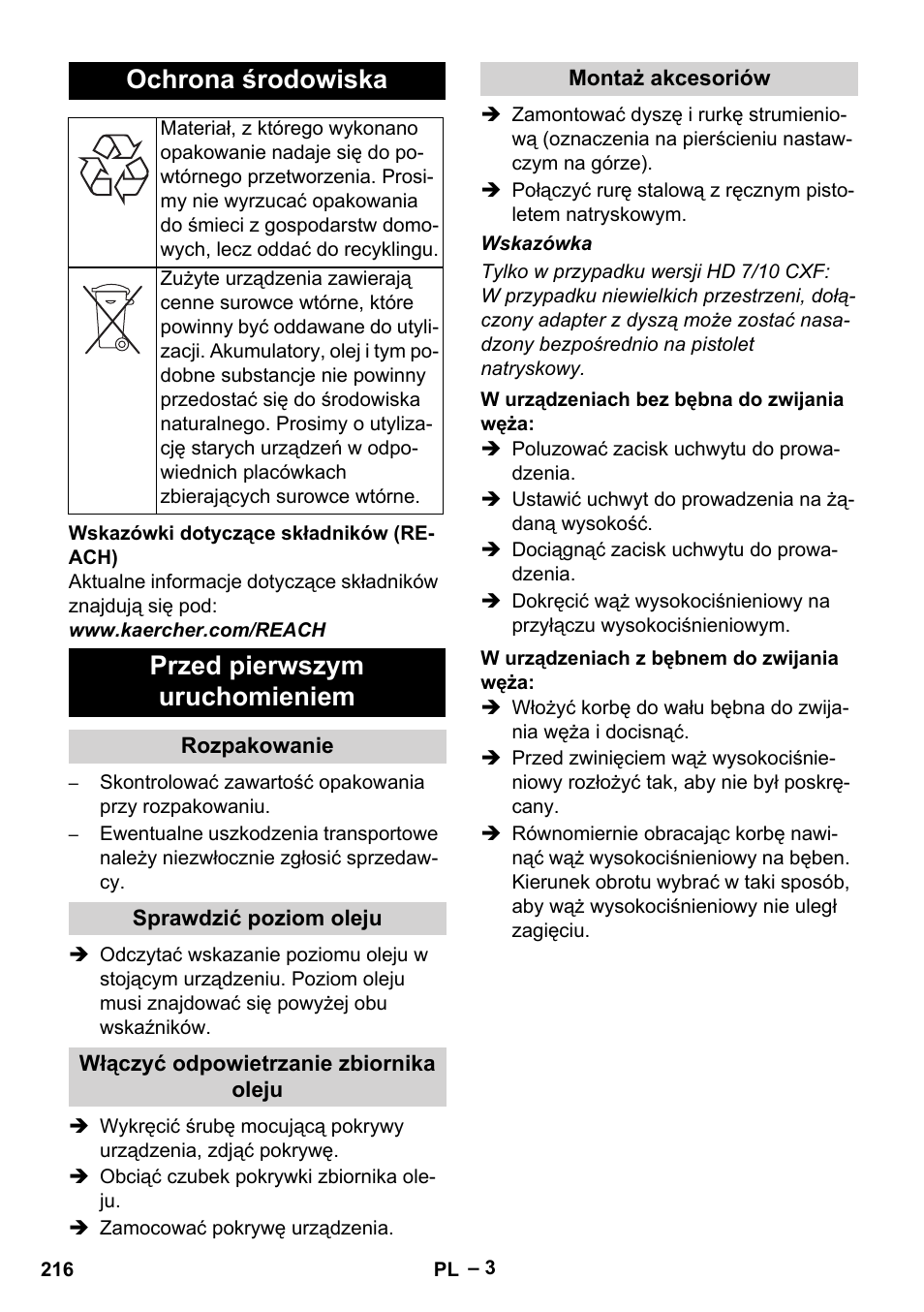 Ochrona środowiska, Przed pierwszym uruchomieniem | Karcher HD 6-12-4 CX Plus User Manual | Page 216 / 364