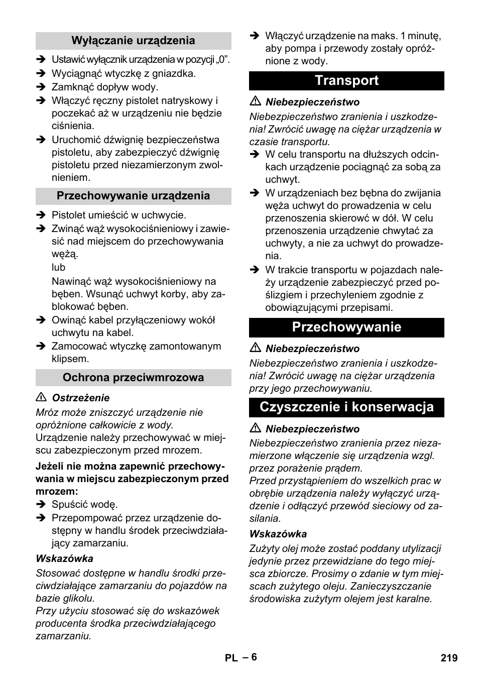 Transport przechowywanie czyszczenie i konserwacja | Karcher HD 6-12-4 CX Plus User Manual | Page 219 / 364