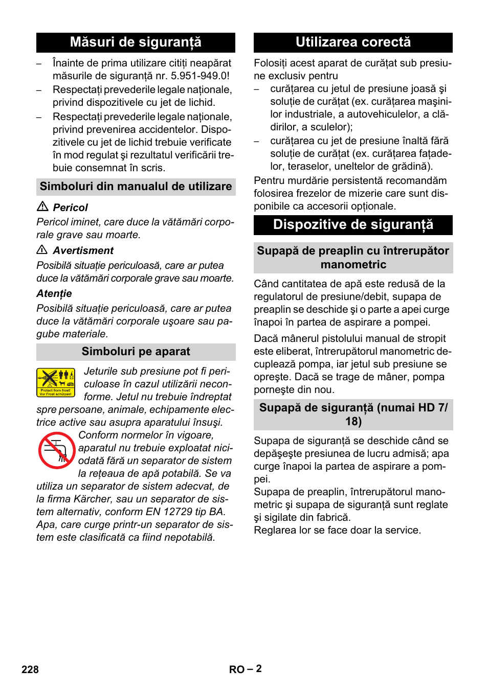 Măsuri de siguranţă, Utilizarea corectă dispozitive de siguranţă | Karcher HD 6-12-4 CX Plus User Manual | Page 228 / 364