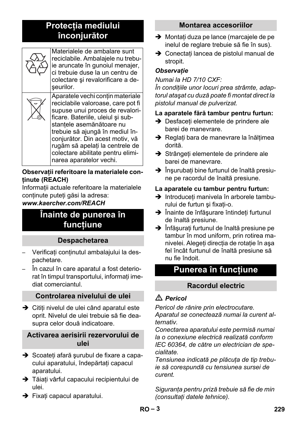 Protecţia mediului înconjurător, Înainte de punerea în funcţiune, Punerea în funcţiune | Karcher HD 6-12-4 CX Plus User Manual | Page 229 / 364