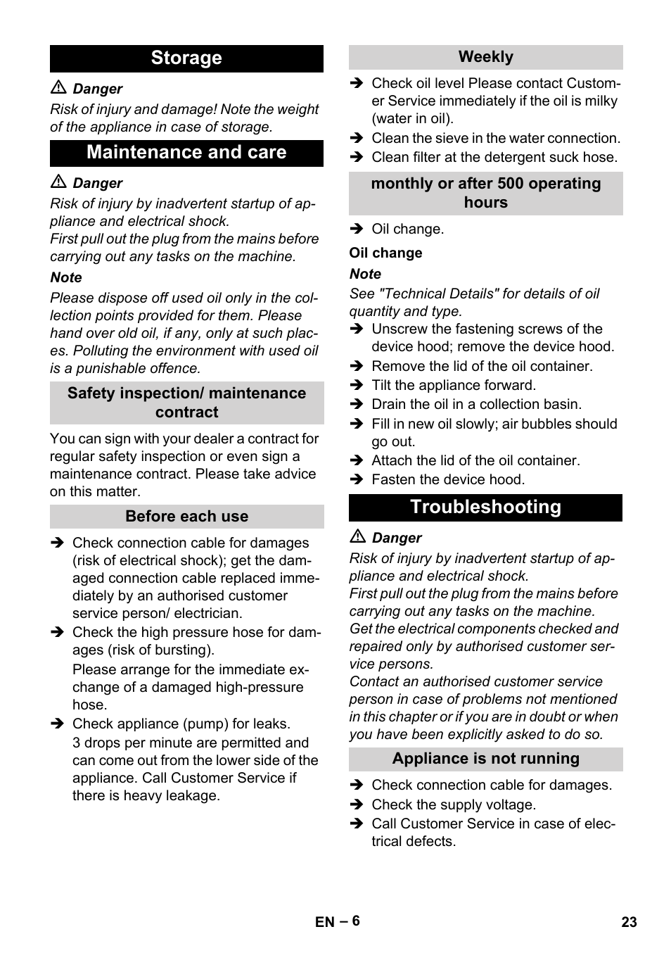 Storage maintenance and care, Troubleshooting | Karcher HD 6-12-4 CX Plus User Manual | Page 23 / 364