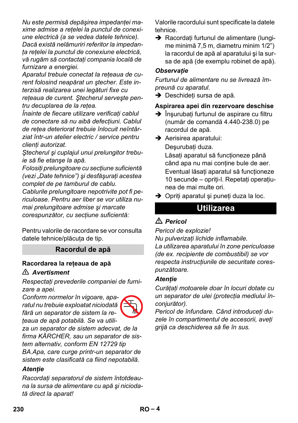 Utilizarea | Karcher HD 6-12-4 CX Plus User Manual | Page 230 / 364