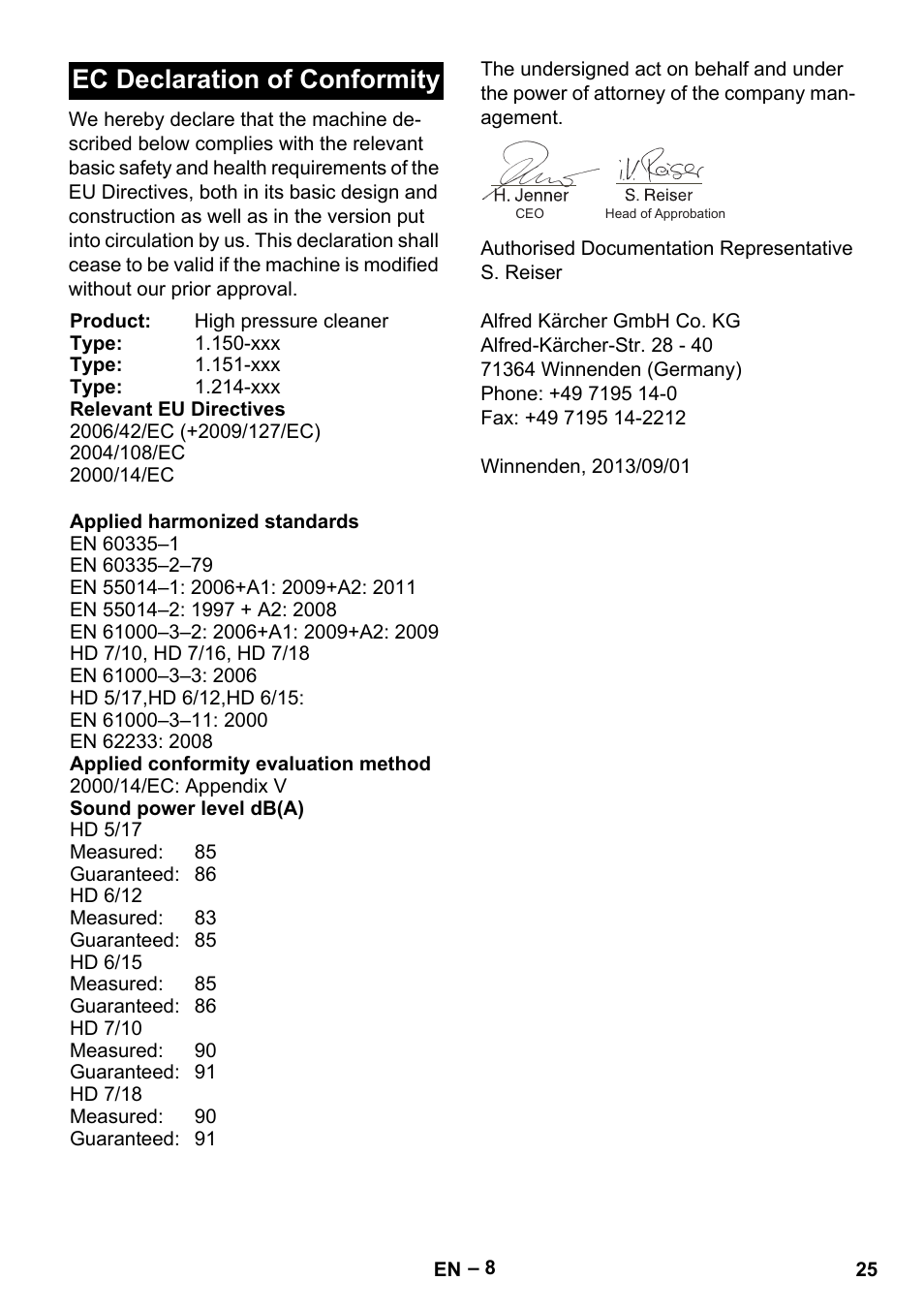 Ec declaration of conformity | Karcher HD 6-12-4 CX Plus User Manual | Page 25 / 364