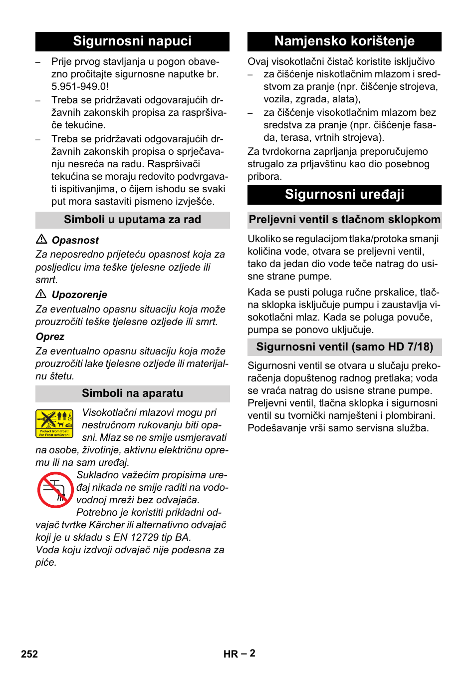 Sigurnosni napuci, Namjensko korištenje sigurnosni uređaji | Karcher HD 6-12-4 CX Plus User Manual | Page 252 / 364