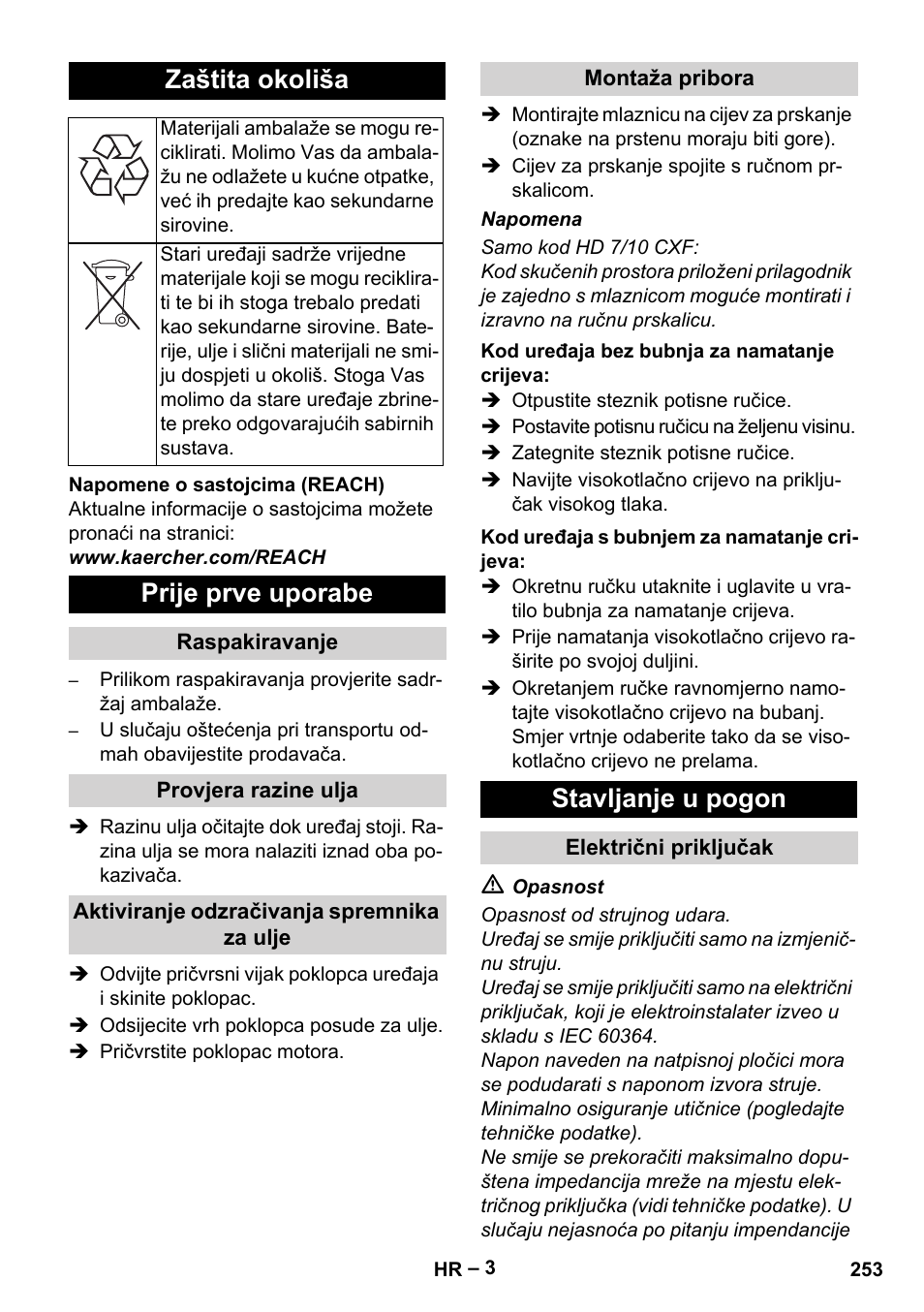 Zaštita okoliša, Prije prve uporabe, Stavljanje u pogon | Karcher HD 6-12-4 CX Plus User Manual | Page 253 / 364