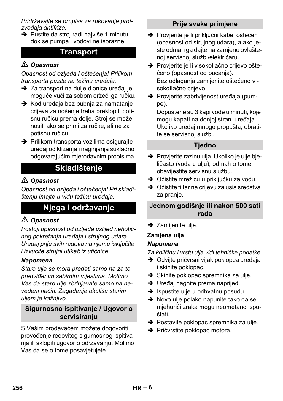 Transport skladištenje njega i održavanje | Karcher HD 6-12-4 CX Plus User Manual | Page 256 / 364