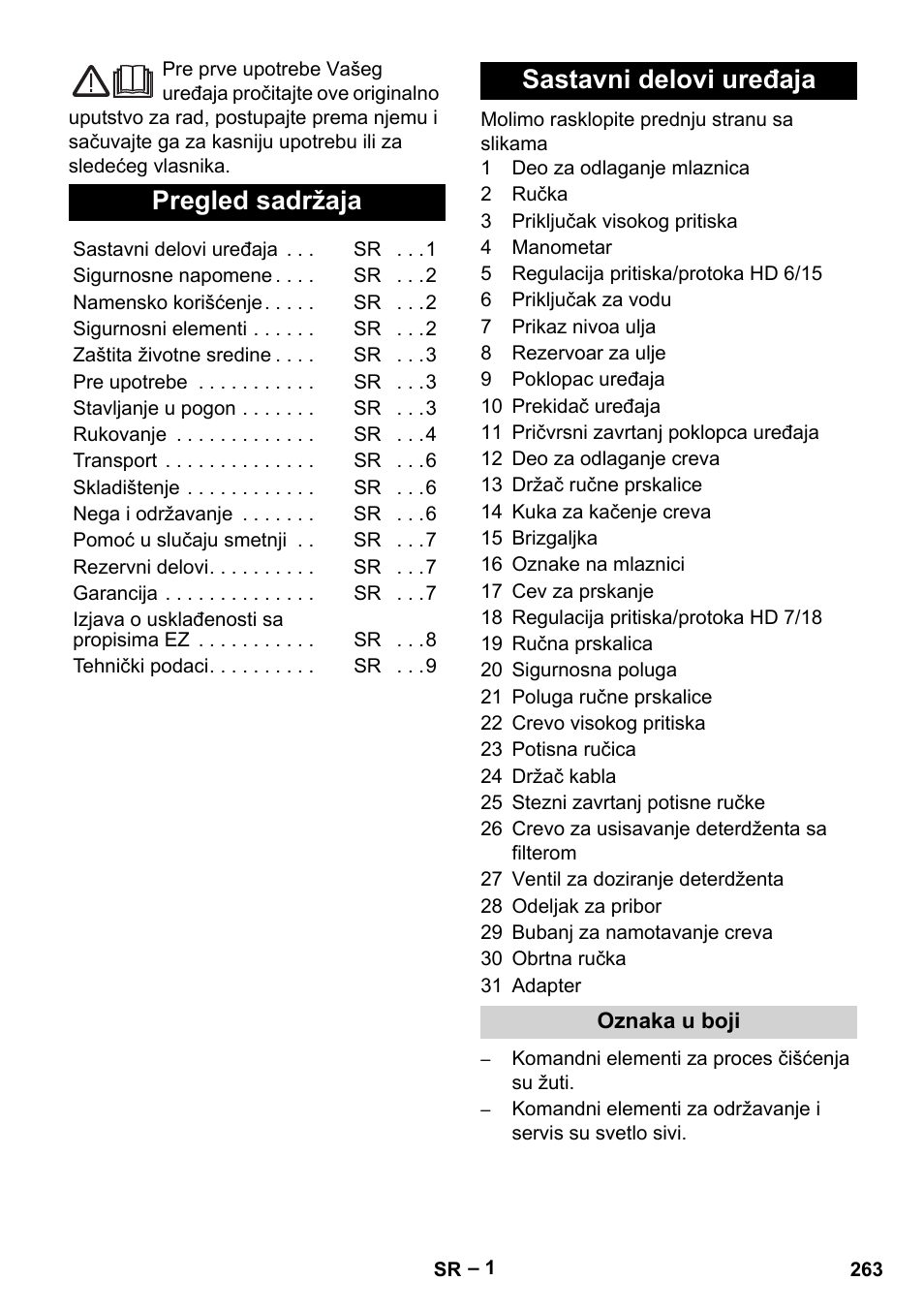 Srpski, Pregled sadržaja, Sastavni delovi uređaja | Karcher HD 6-12-4 CX Plus User Manual | Page 263 / 364