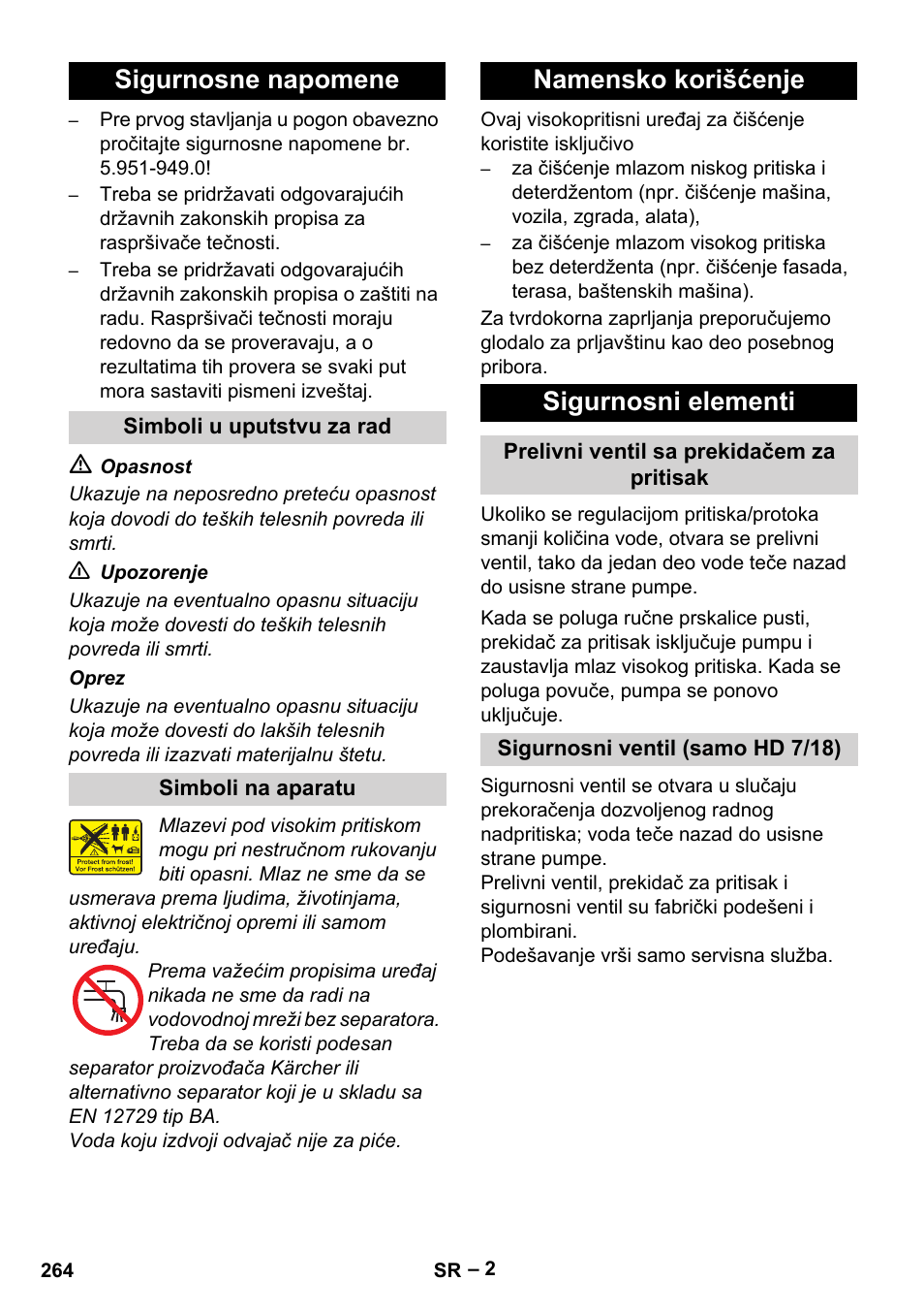 Sigurnosne napomene, Namensko korišćenje sigurnosni elementi | Karcher HD 6-12-4 CX Plus User Manual | Page 264 / 364