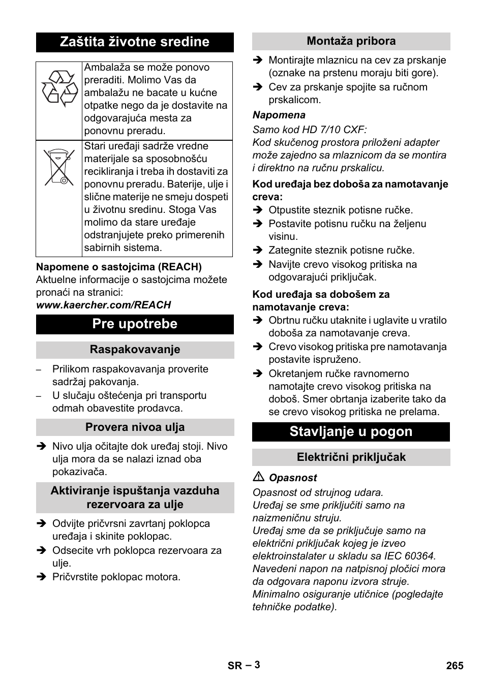Zaštita životne sredine, Pre upotrebe, Stavljanje u pogon | Karcher HD 6-12-4 CX Plus User Manual | Page 265 / 364