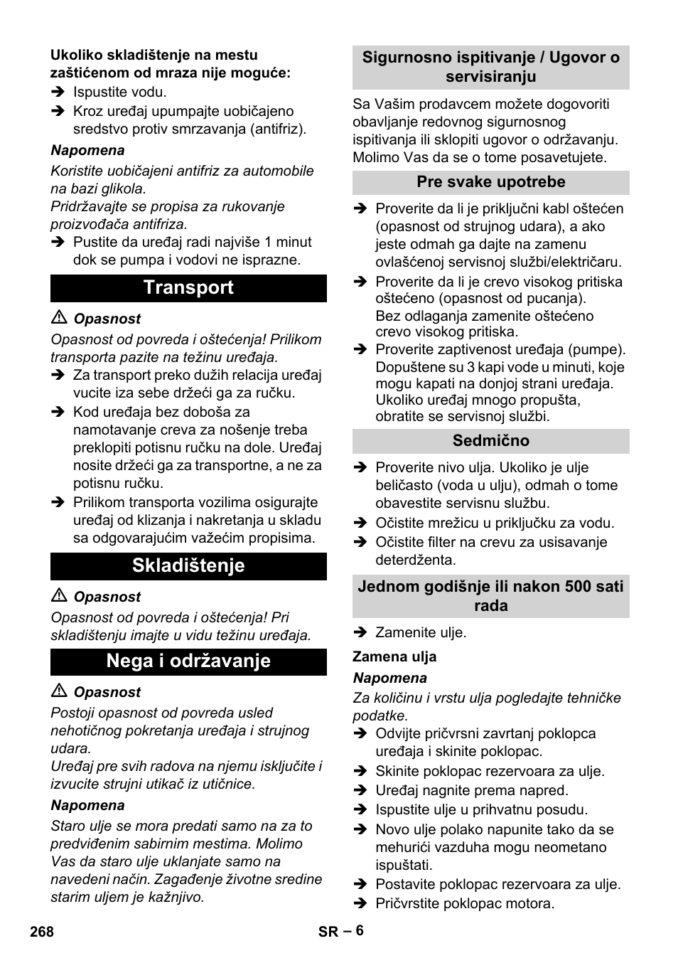 Transport skladištenje nega i održavanje | Karcher HD 6-12-4 CX Plus User Manual | Page 268 / 364