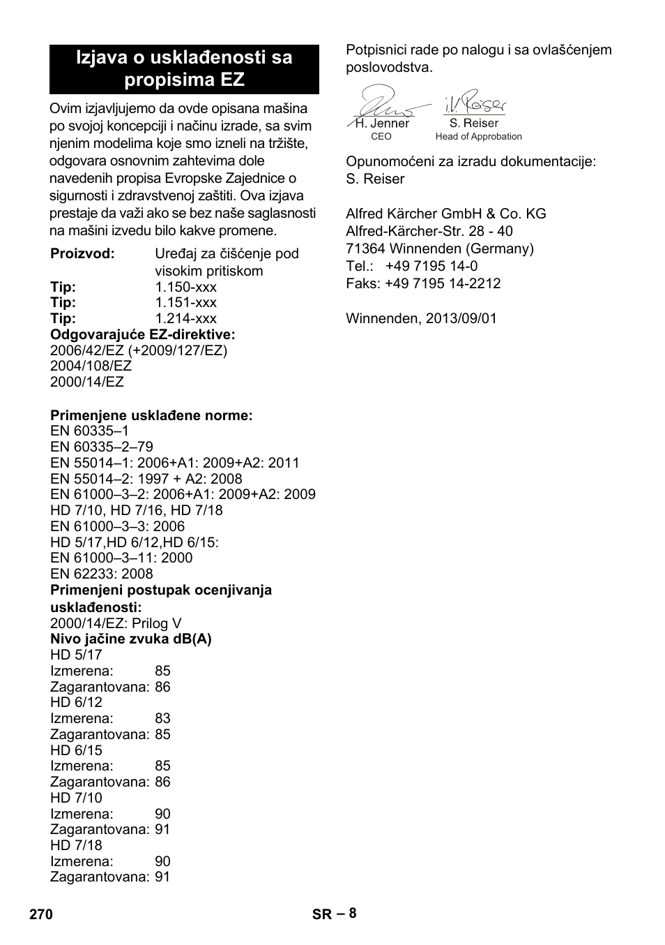 Izjava o usklađenosti sa propisima ez | Karcher HD 6-12-4 CX Plus User Manual | Page 270 / 364