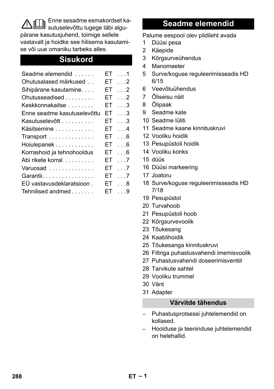 Eesti, Sisukord, Seadme elemendid | Karcher HD 6-12-4 CX Plus User Manual | Page 288 / 364