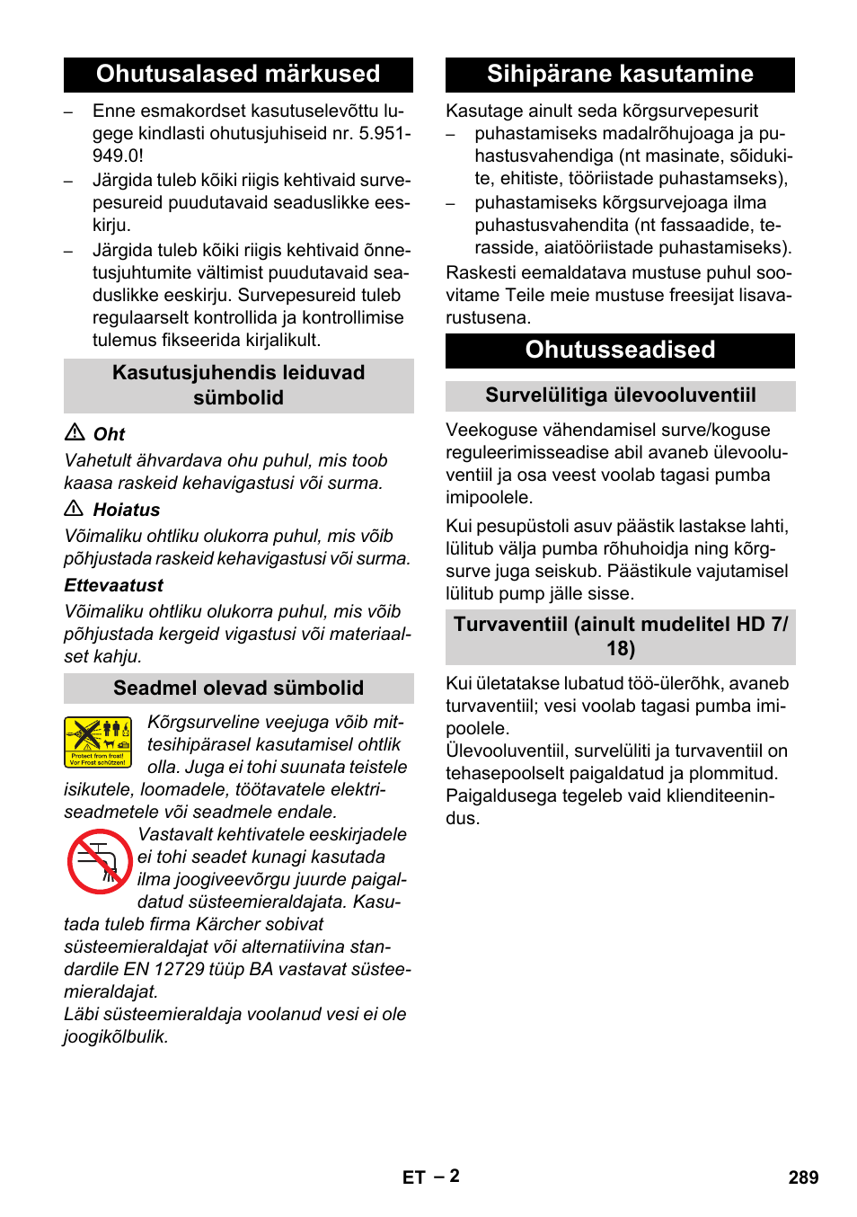 Ohutusalased märkused, Sihipärane kasutamine ohutusseadised | Karcher HD 6-12-4 CX Plus User Manual | Page 289 / 364