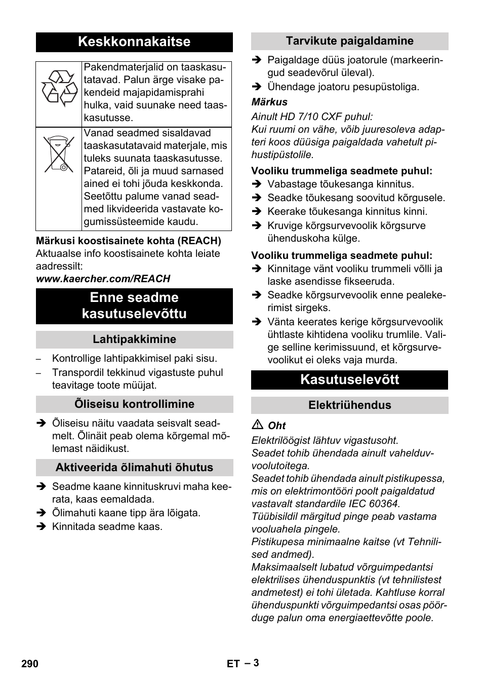 Keskkonnakaitse, Enne seadme kasutuselevõttu, Kasutuselevõtt | Karcher HD 6-12-4 CX Plus User Manual | Page 290 / 364