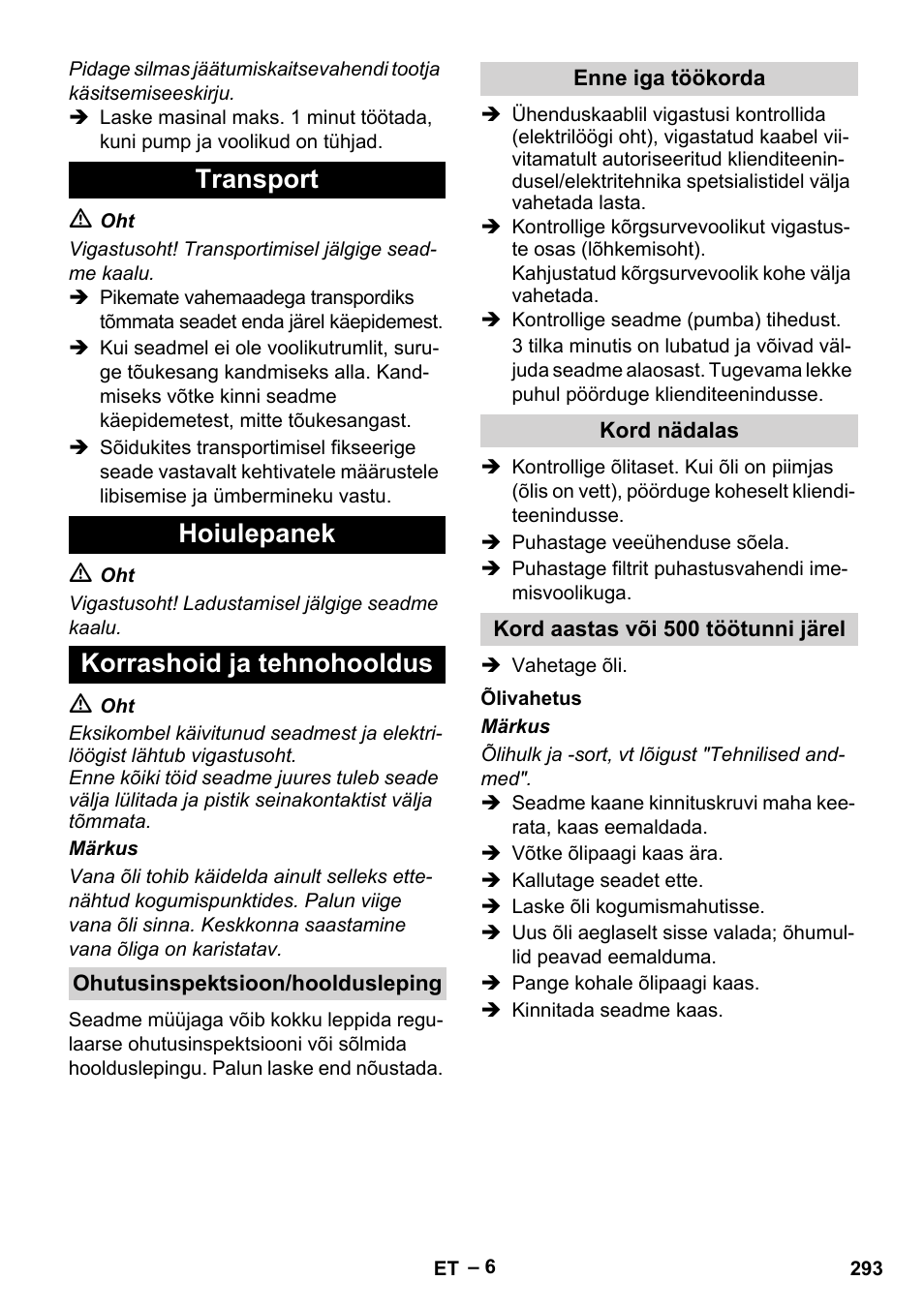 Transport hoiulepanek korrashoid ja tehnohooldus | Karcher HD 6-12-4 CX Plus User Manual | Page 293 / 364