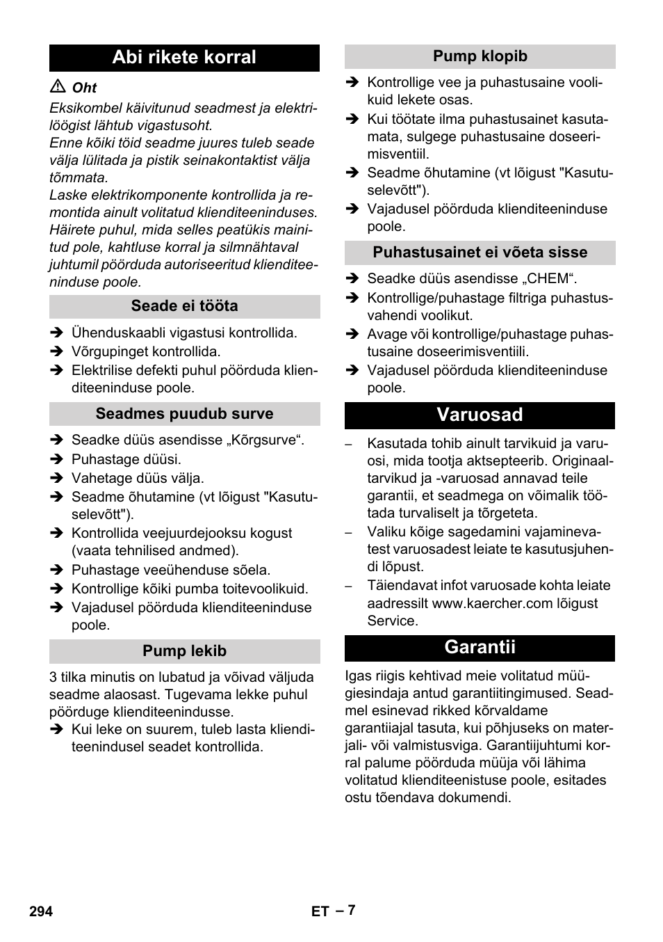 Abi rikete korral, Varuosad garantii | Karcher HD 6-12-4 CX Plus User Manual | Page 294 / 364