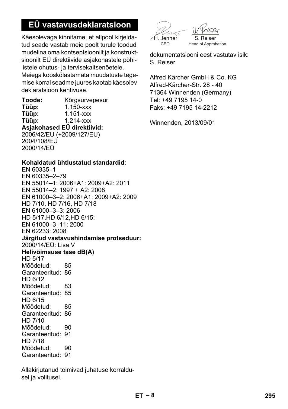 Eü vastavusdeklaratsioon | Karcher HD 6-12-4 CX Plus User Manual | Page 295 / 364