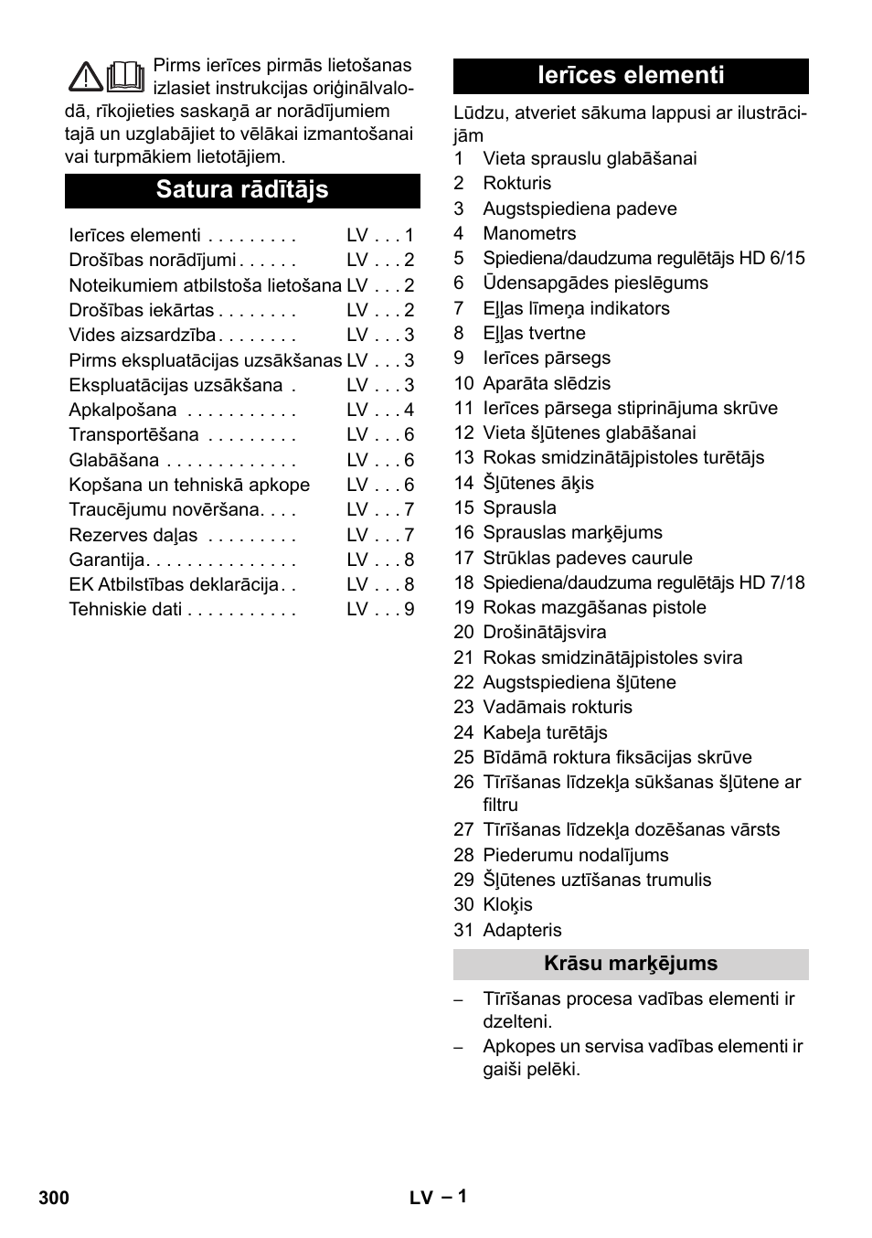 Latviešu, Satura rādītājs, Ierīces elementi | Karcher HD 6-12-4 CX Plus User Manual | Page 300 / 364