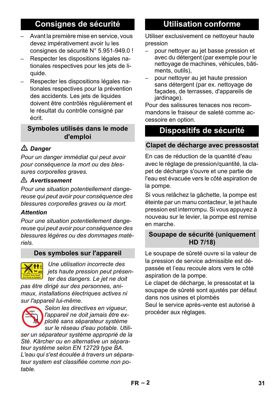 Consignes de sécurité, Utilisation conforme dispositifs de sécurité | Karcher HD 6-12-4 CX Plus User Manual | Page 31 / 364