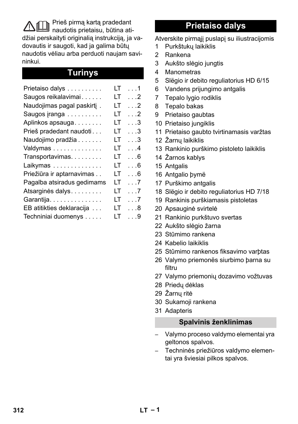 Lietuviškai, Turinys, Prietaiso dalys | Karcher HD 6-12-4 CX Plus User Manual | Page 312 / 364