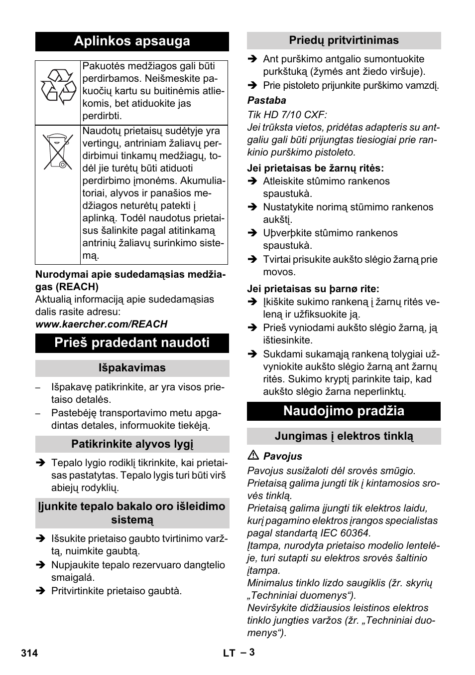 Aplinkos apsauga, Prieš pradedant naudoti, Naudojimo pradžia | Karcher HD 6-12-4 CX Plus User Manual | Page 314 / 364