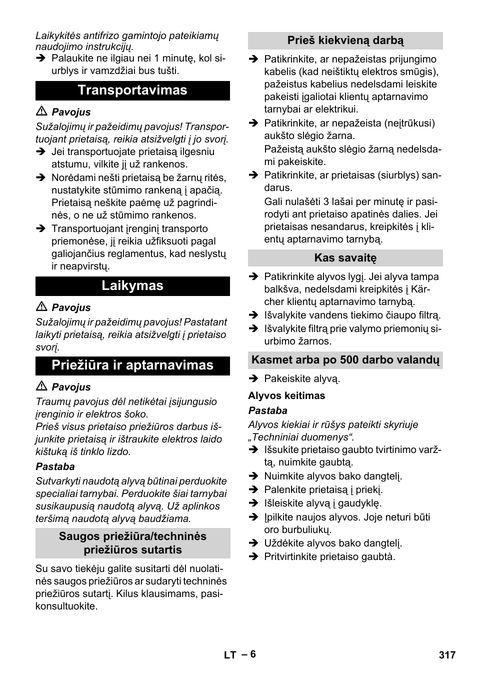 Transportavimas laikymas priežiūra ir aptarnavimas | Karcher HD 6-12-4 CX Plus User Manual | Page 317 / 364
