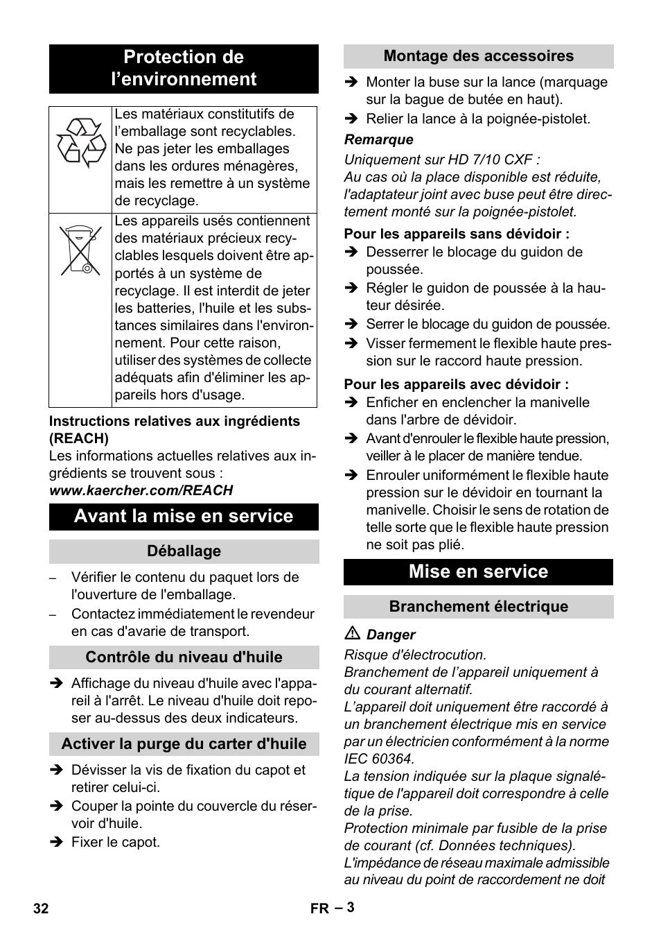 Protection de l’environnement, Avant la mise en service, Mise en service | Karcher HD 6-12-4 CX Plus User Manual | Page 32 / 364