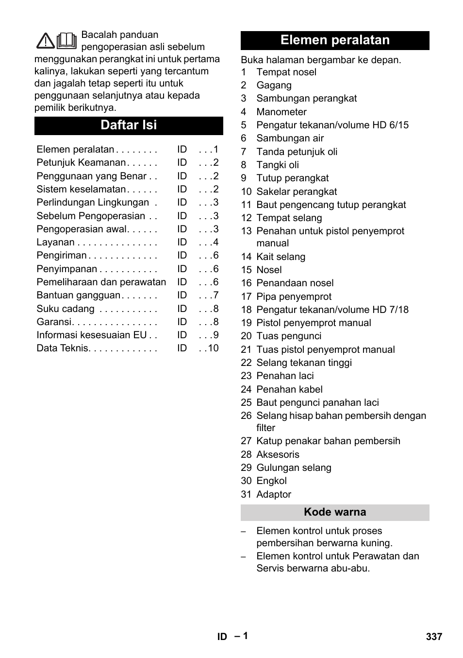 Indonesia, Daftar isi, Elemen peralatan | Karcher HD 6-12-4 CX Plus User Manual | Page 337 / 364