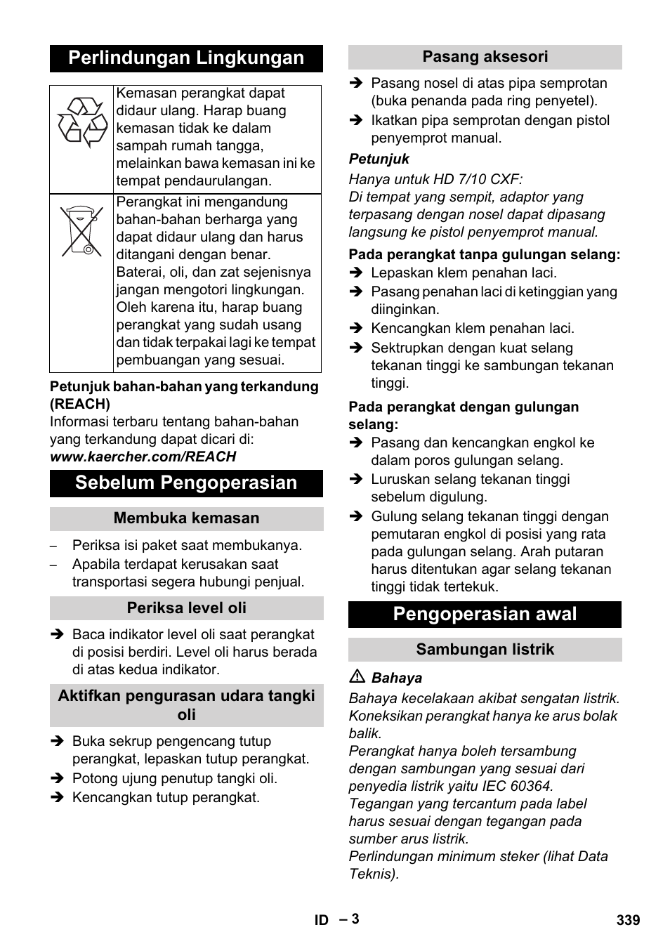 Perlindungan lingkungan, Sebelum pengoperasian, Pengoperasian awal | Karcher HD 6-12-4 CX Plus User Manual | Page 339 / 364