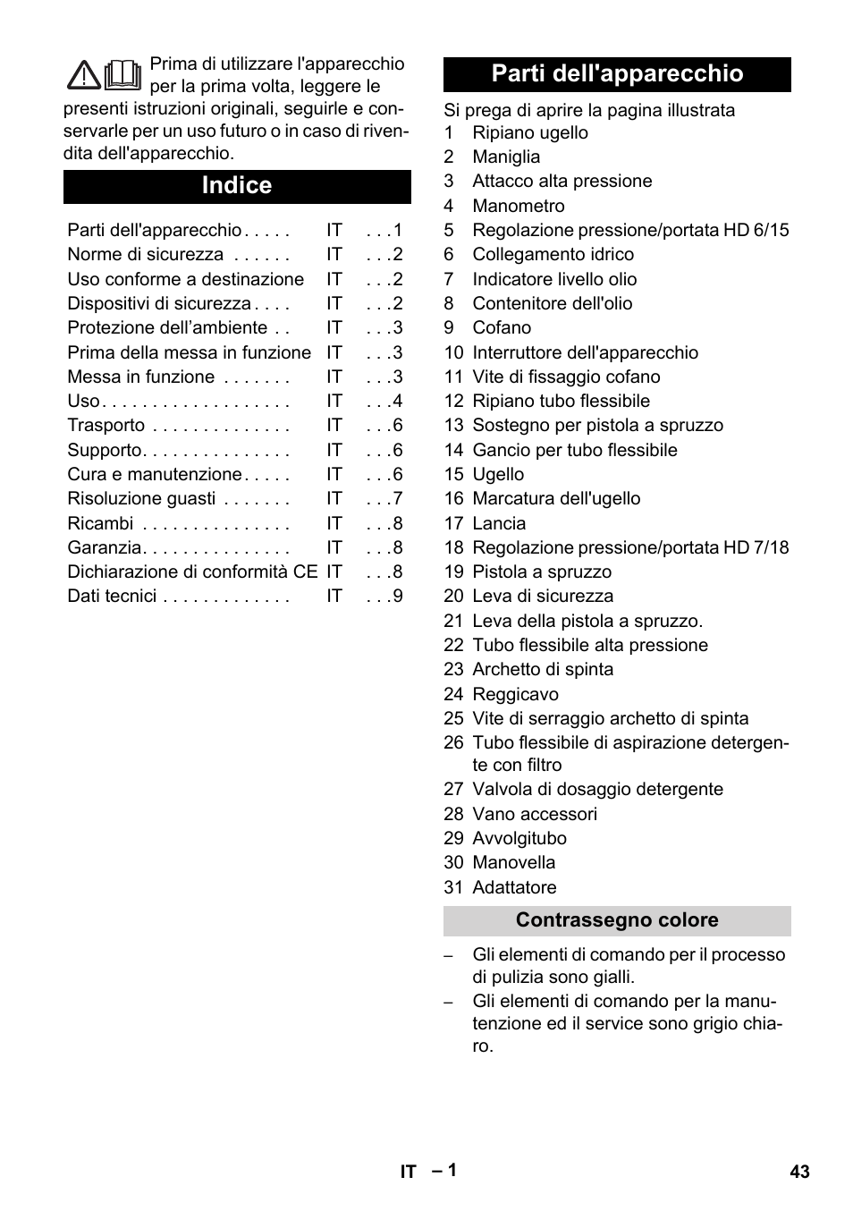 Italiano, Indice, Parti dell'apparecchio | Karcher HD 6-12-4 CX Plus User Manual | Page 43 / 364