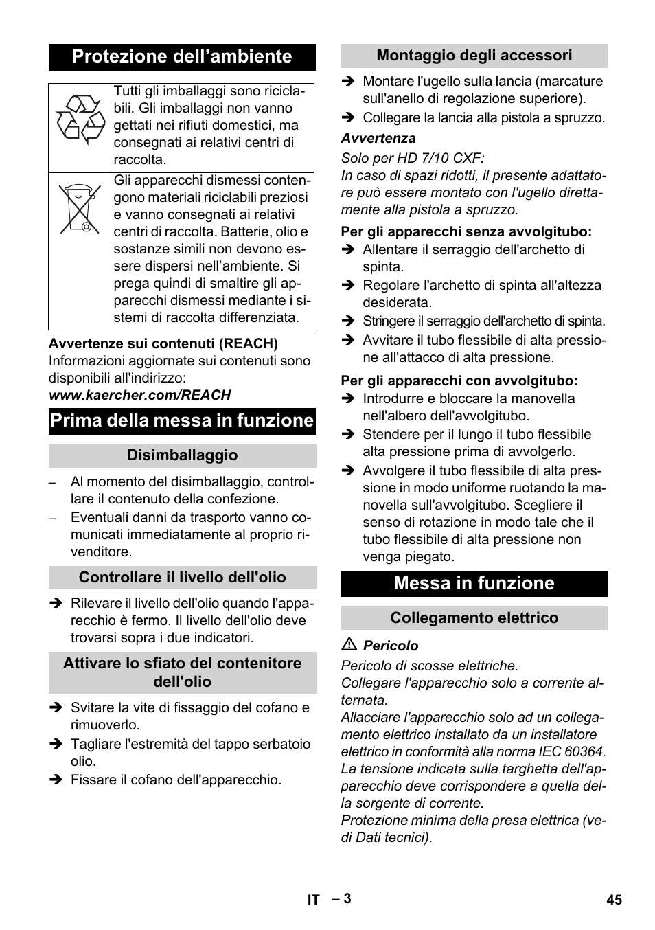 Protezione dell’ambiente, Prima della messa in funzione, Messa in funzione | Karcher HD 6-12-4 CX Plus User Manual | Page 45 / 364