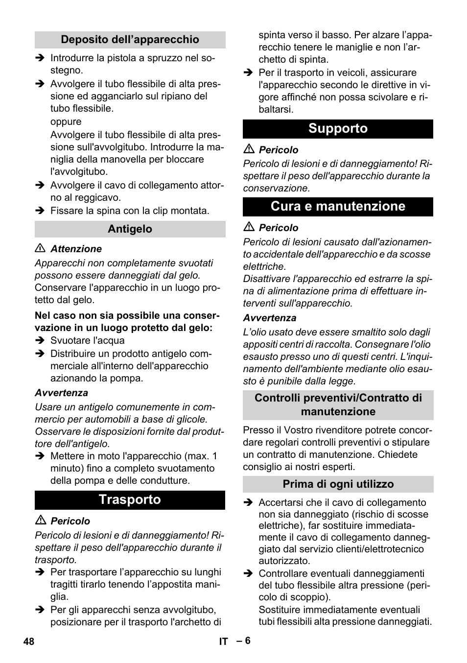 Trasporto supporto cura e manutenzione | Karcher HD 6-12-4 CX Plus User Manual | Page 48 / 364