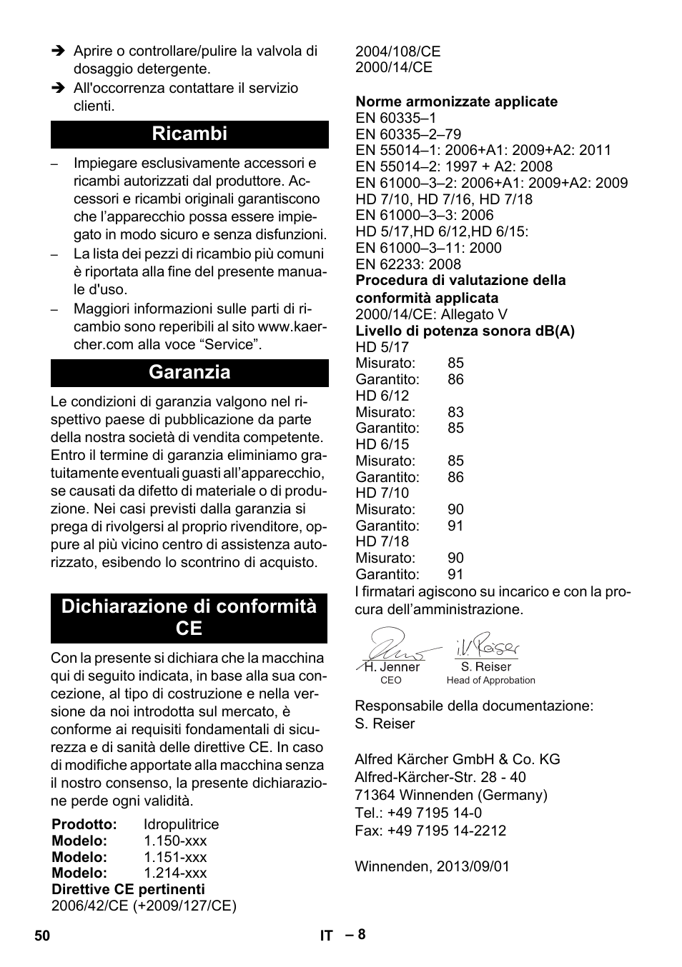Ricambi garanzia dichiarazione di conformità ce | Karcher HD 6-12-4 CX Plus User Manual | Page 50 / 364