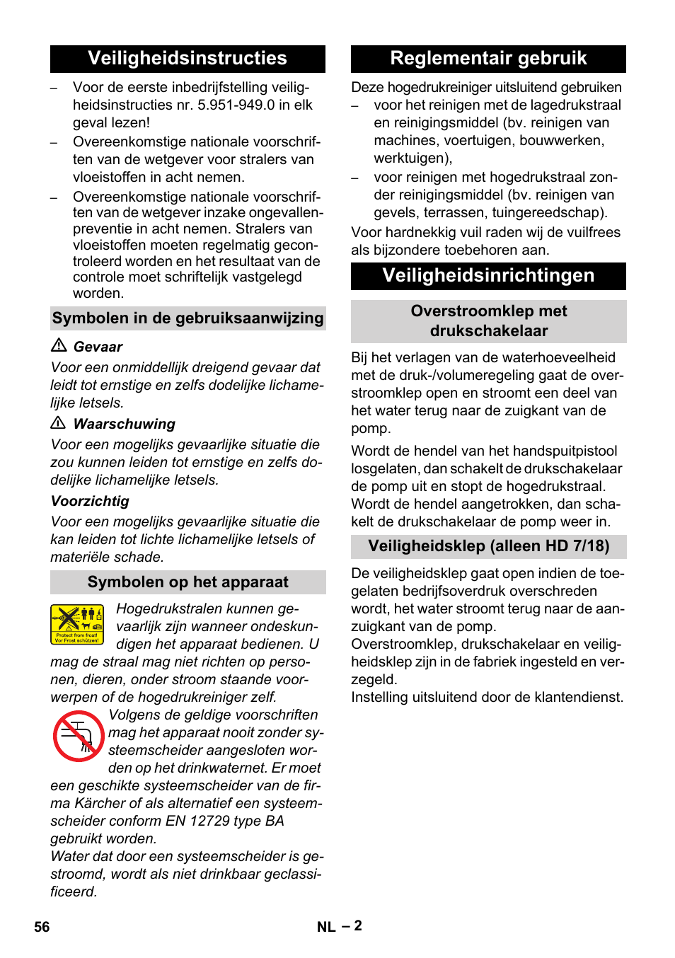 Veiligheidsinstructies, Reglementair gebruik veiligheidsinrichtingen | Karcher HD 6-12-4 CX Plus User Manual | Page 56 / 364