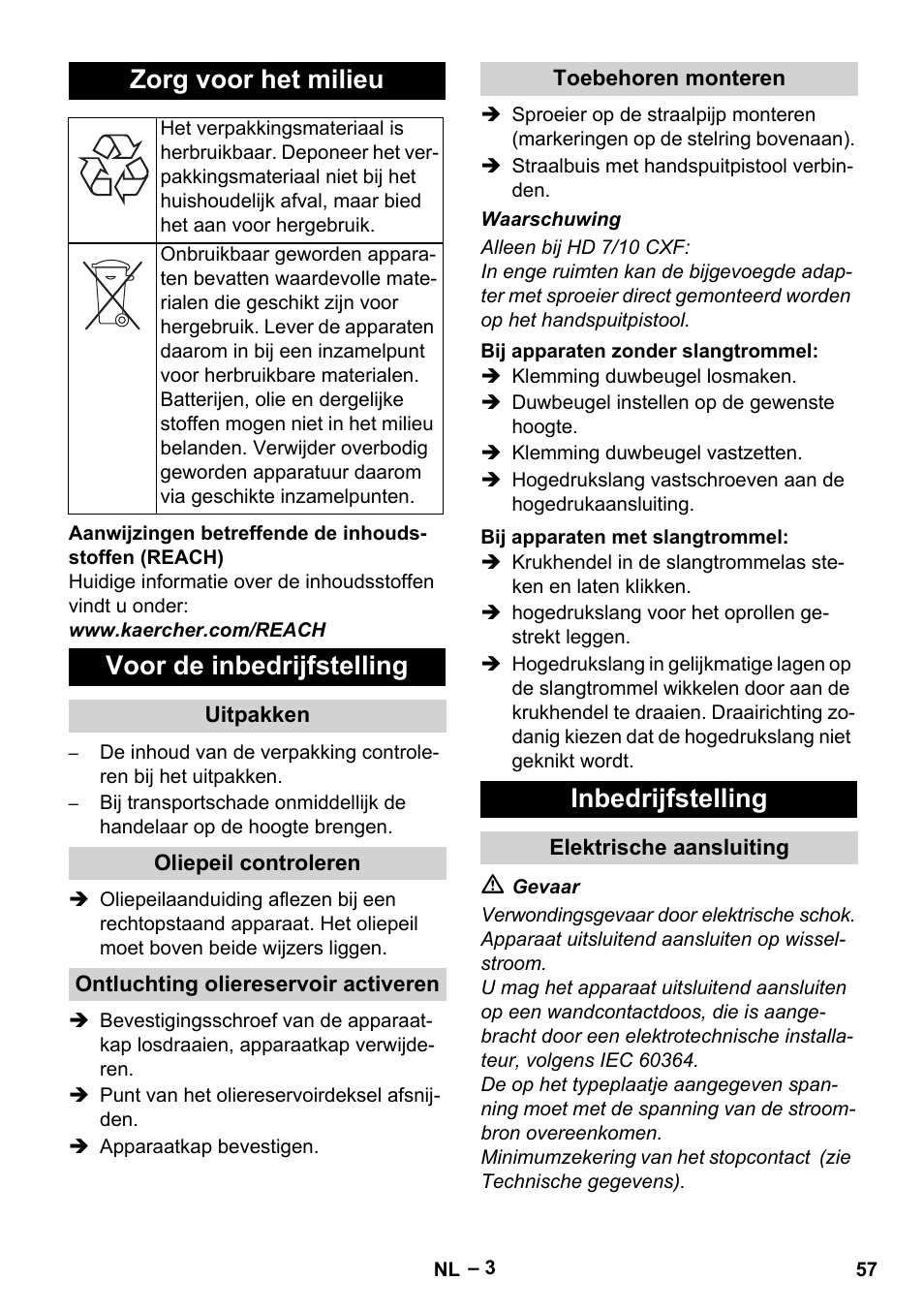 Zorg voor het milieu, Voor de inbedrijfstelling, Inbedrijfstelling | Karcher HD 6-12-4 CX Plus User Manual | Page 57 / 364