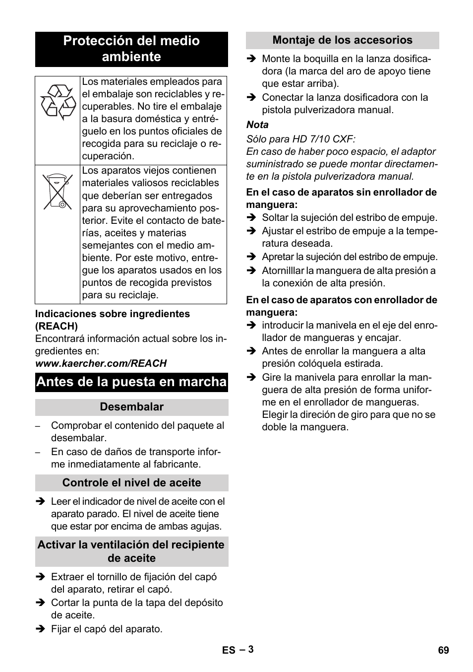 Protección del medio ambiente, Antes de la puesta en marcha | Karcher HD 6-12-4 CX Plus User Manual | Page 69 / 364