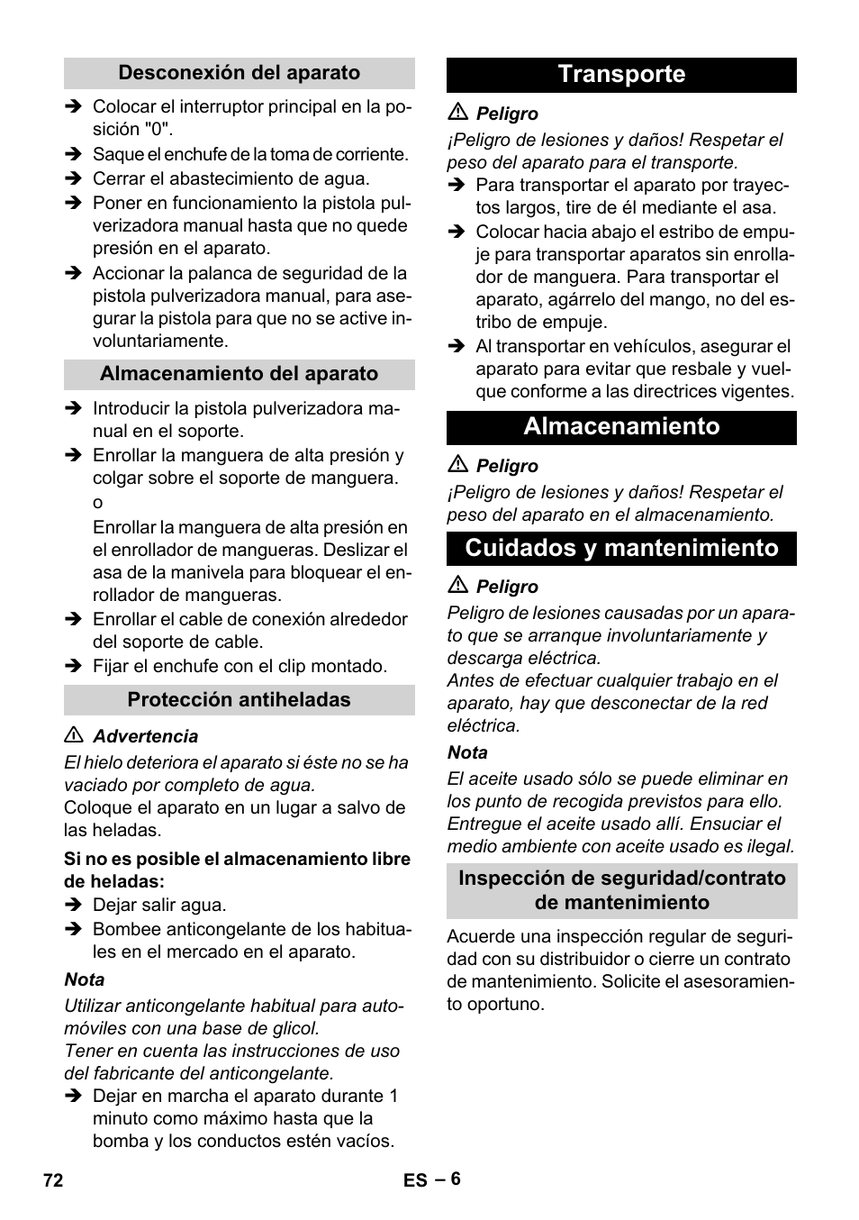 Transporte almacenamiento cuidados y mantenimiento | Karcher HD 6-12-4 CX Plus User Manual | Page 72 / 364