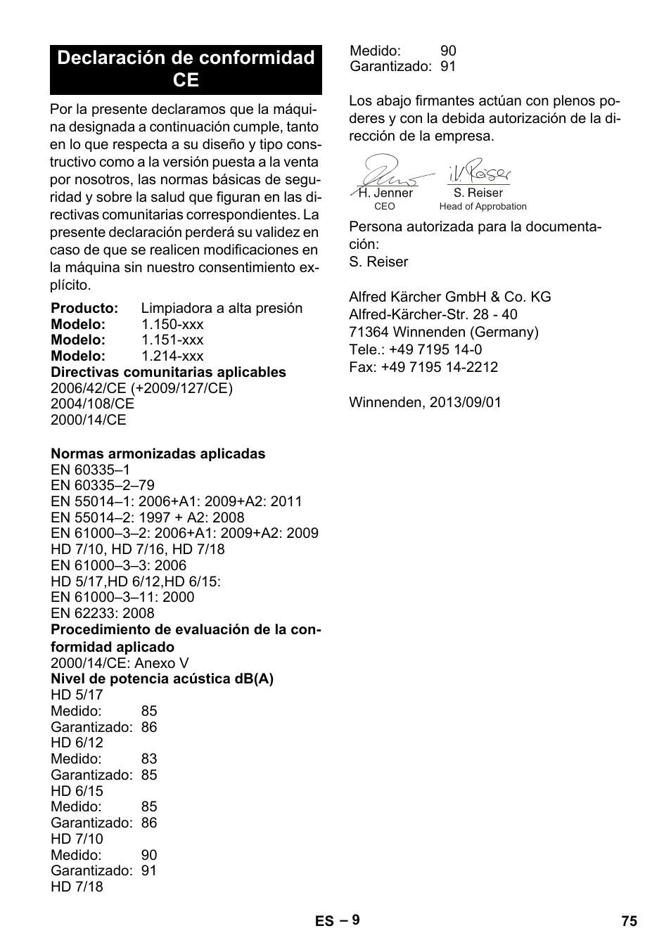 Declaración de conformidad ce | Karcher HD 6-12-4 CX Plus User Manual | Page 75 / 364