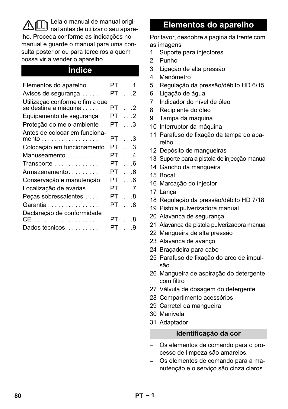 Português, Índice, Elementos do aparelho | Karcher HD 6-12-4 CX Plus User Manual | Page 80 / 364