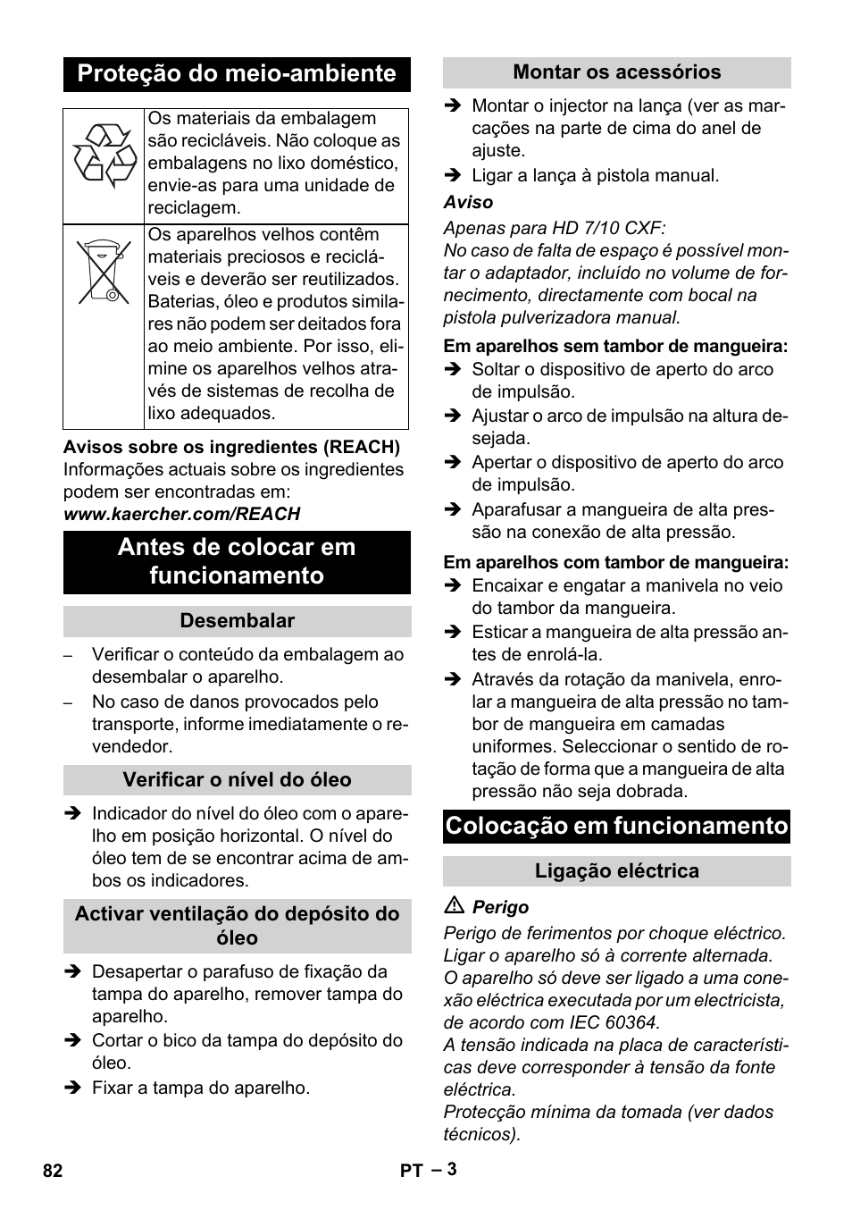 Proteção do meio-ambiente, Antes de colocar em funcionamento, Colocação em funcionamento | Karcher HD 6-12-4 CX Plus User Manual | Page 82 / 364