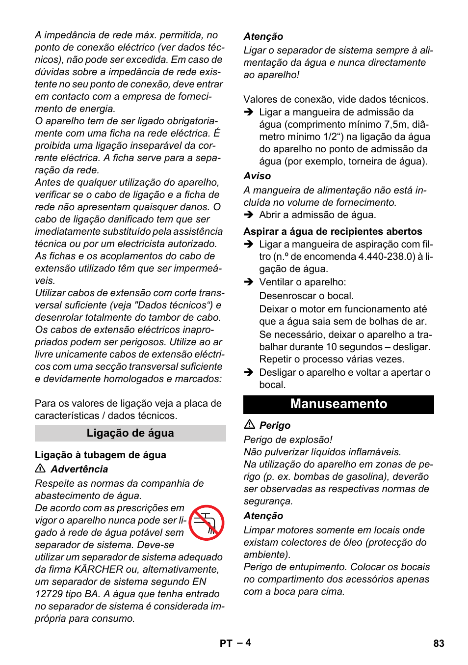 Manuseamento | Karcher HD 6-12-4 CX Plus User Manual | Page 83 / 364