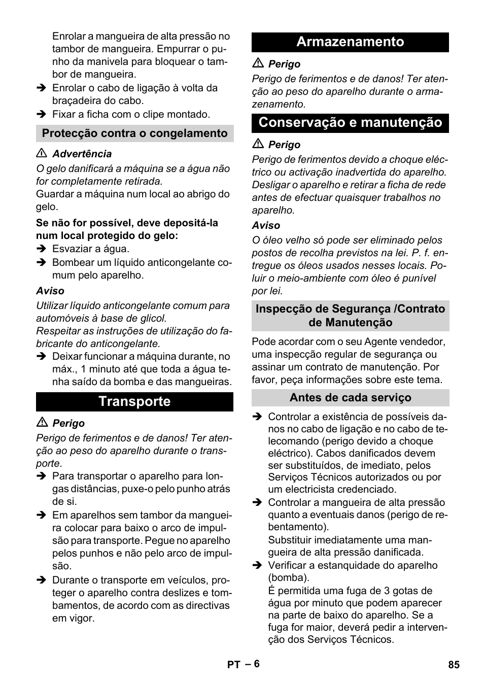 Transporte armazenamento conservação e manutenção | Karcher HD 6-12-4 CX Plus User Manual | Page 85 / 364