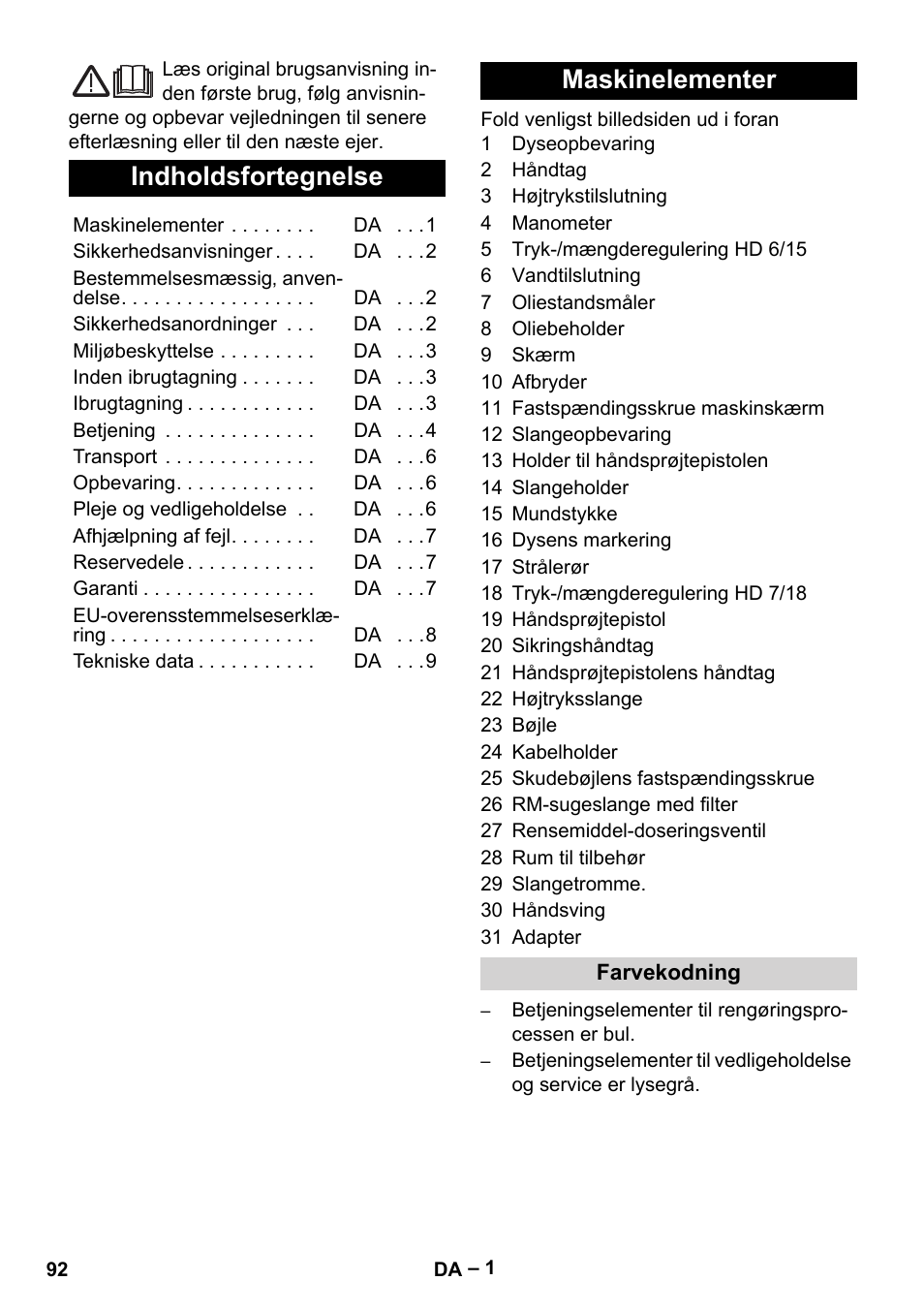 Dansk, Indholdsfortegnelse, Maskinelementer | Karcher HD 6-12-4 CX Plus User Manual | Page 92 / 364