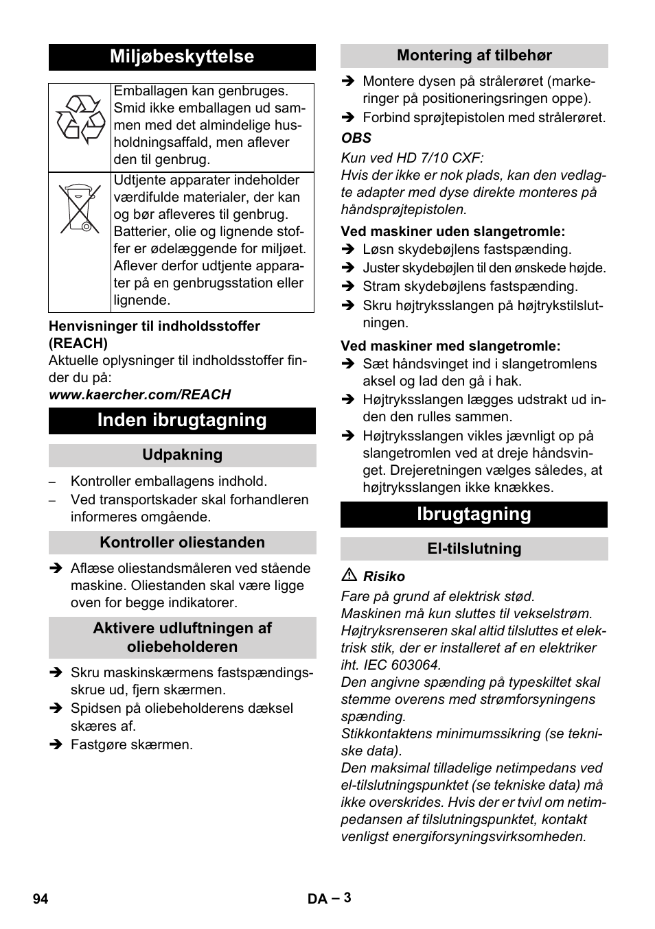 Miljøbeskyttelse, Inden ibrugtagning, Ibrugtagning | Karcher HD 6-12-4 CX Plus User Manual | Page 94 / 364