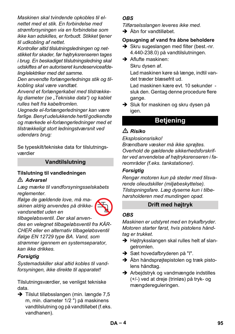 Betjening | Karcher HD 6-12-4 CX Plus User Manual | Page 95 / 364