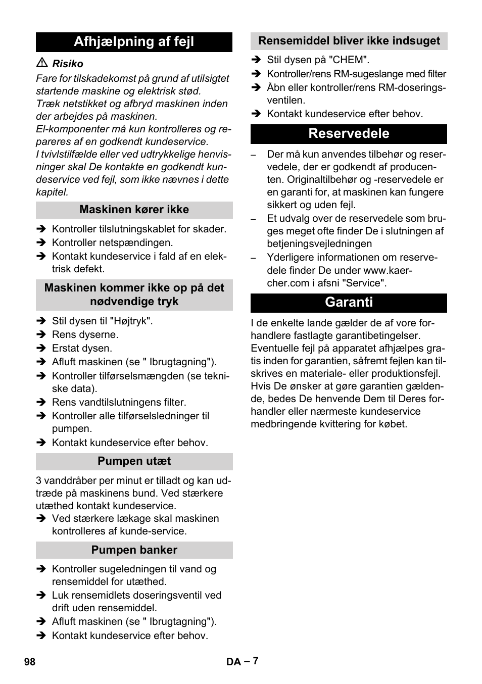 Afhjælpning af fejl, Reservedele garanti | Karcher HD 6-12-4 CX Plus User Manual | Page 98 / 364