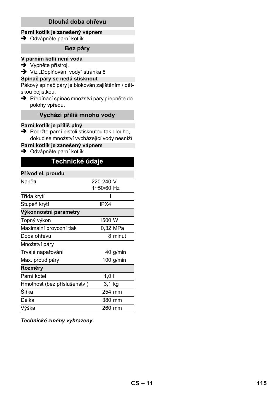 Technické údaje | Karcher SC 1-020 User Manual | Page 115 / 210