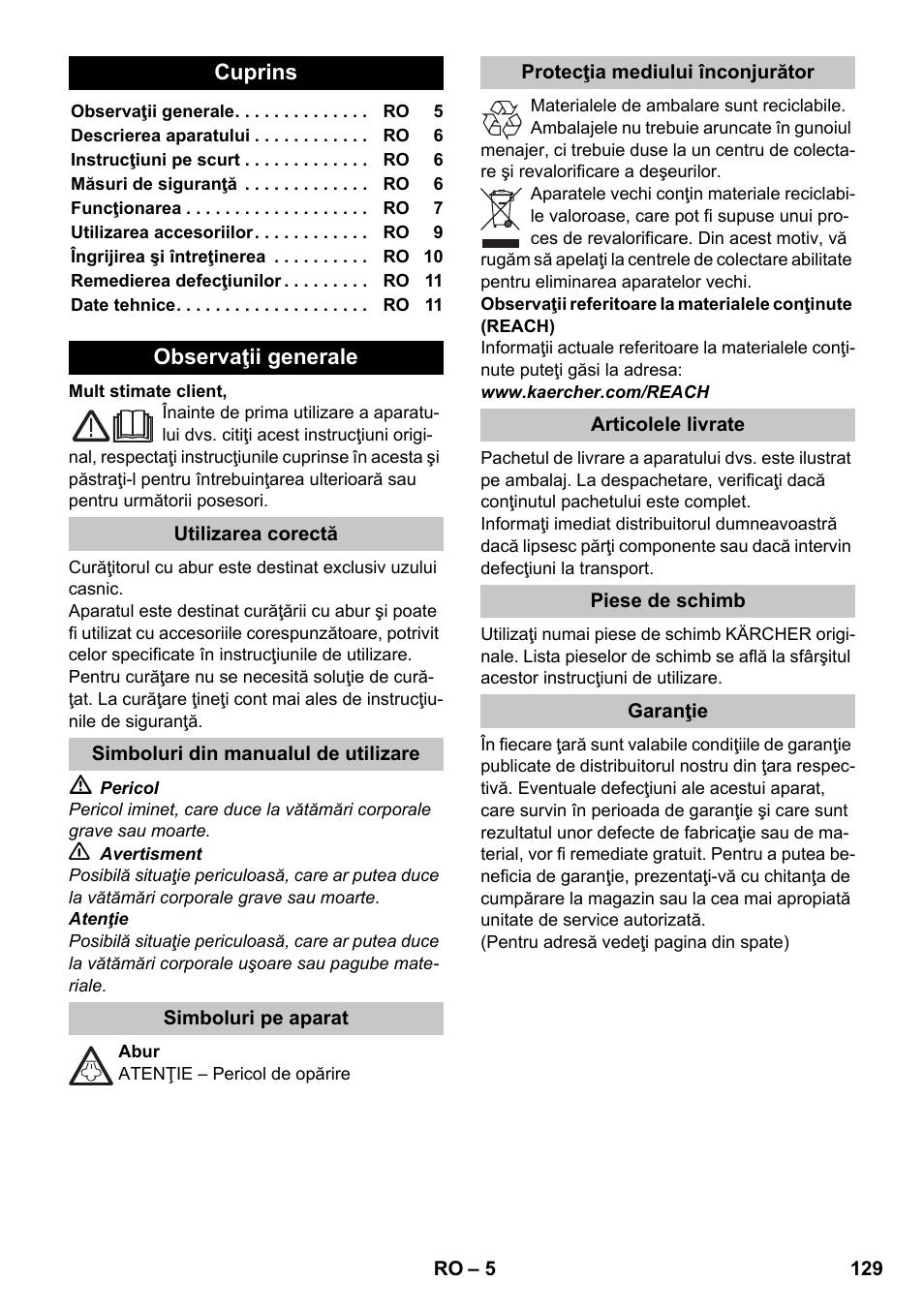 Româneşte | Karcher SC 1-020 User Manual | Page 129 / 210