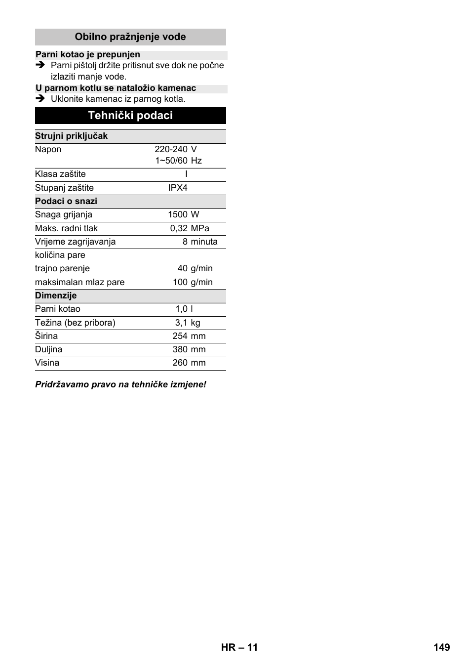 Tehnički podaci | Karcher SC 1-020 User Manual | Page 149 / 210